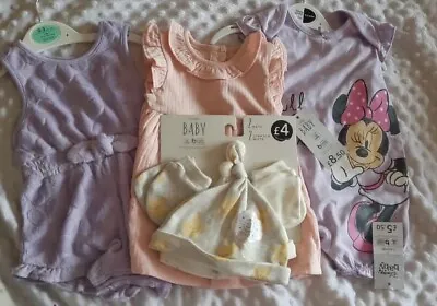 Baby Girls Bundle 0-3 2 Rompers  Dress & Hat & Mitts  Set BNWT  • £12