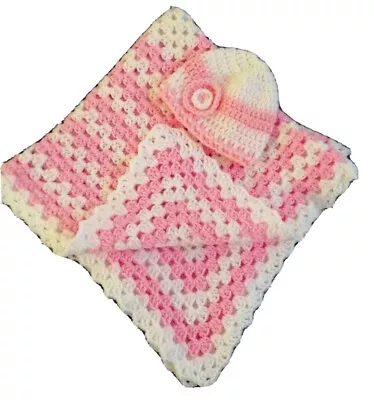 New Handmade Crochet Baby Girl Multi Purpose Blanket Pink&White+Hat. L@@K! • £18.95