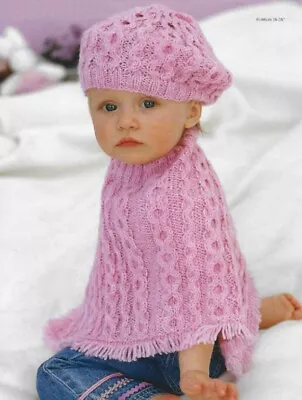 Cosy Baby/toddler/girl Cable Poncho & Beret KNITTING PATTERN PAPER COPY 16 - 26  • £2.78