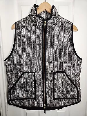 J Crew Black Tan Herringbone Waterfowl Down Full Zip Puffer Vest Womens Large • $19.99