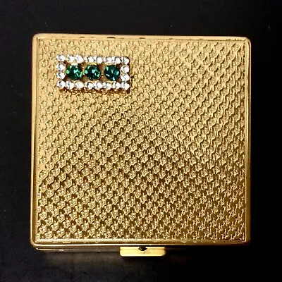 $85 • Buy Vintage Richard Hudnut Powder Compact Green Clear Rhinestones Gold Tone