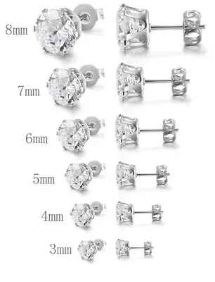 3mm-8mm Stainless Steel Round Clear Cubic Zirconia Ear Stud Earrings 6 Pack • $12.99