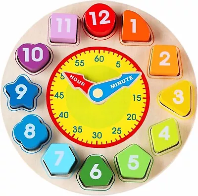 Time Clock Toy For Kids Wooden Time Learning Shape Sorting Color Game Montessori • $9.99