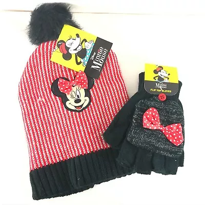 Disney Minnie Mouse Kids Girls Beanie Hat Flip Top Gloves Set Pom Black Red Bow • $9.99