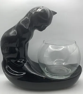 Royal Haeger Pottery- Black Cat Ceramic Sculpture W/ Glass Fish Bowl Planter • $50