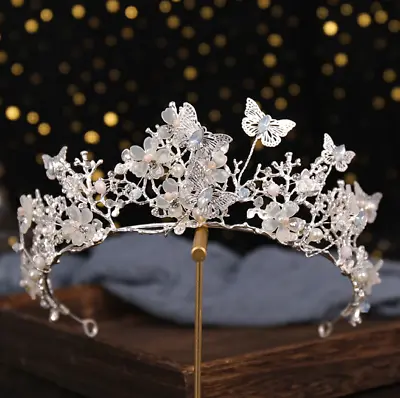 Elven Fairy Butterfly Headpiece Handmade Crystal Bead Crown Bridal Silver Tiara • $48.88