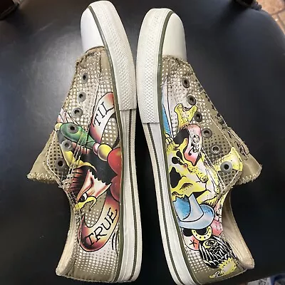 Ed Hardy Patent Canvas Skull Eagle Laceless Slip On Sneaker Shoes Women’s 12 • £43.23