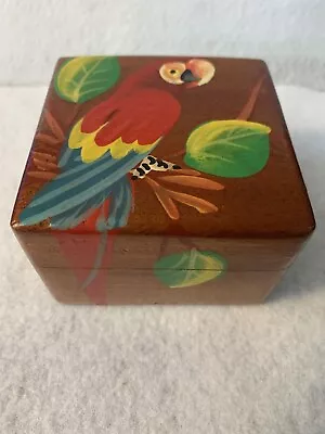 Vtg Wooden Decorative Trinket Box W/Hand Painted Parrot Toucan McCaw On Branch • $10.30