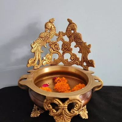 Decorative Brass Urli Bowl Peacock Design Floating Flower &Candle Pot Home Decor • $190.89