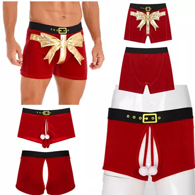 Mens Christmas Theme Party Costume Bowknot Velvet Boxer Brief Xmas Short Pants • £15.59