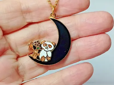  YC1 --very Cute & Quirky Gold Tone Crescent Moon Panda Flowers Pendant Necklace • £4