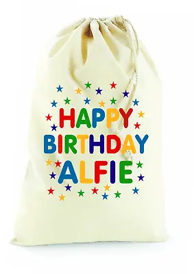 Personalised Happy Birthday Cotton Canvas Drawstring Gift Bag Girl Boy STAR Bag • £2.30