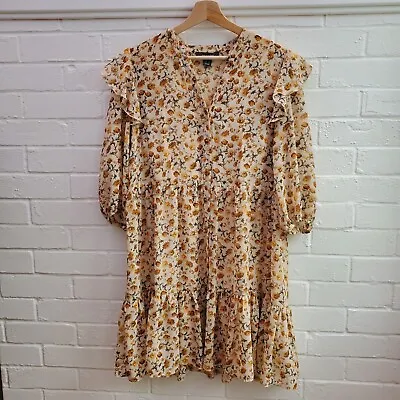 Pretty Sheer Floral Shirt Dress Tiered Peasant Milkmaid Layered Frill Size 10 • £15