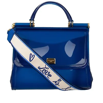 DOLCE & GABBANA PVC Tote Shoulder Bag SICILY Embroidered Strap Logo Blue 11672 • $597.60