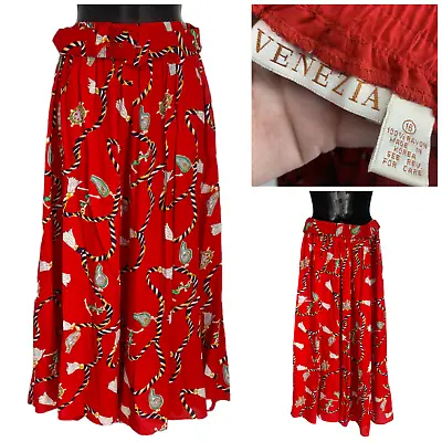 Vintage 1980s Venezia Lane Bryant Sz 16 Nautical Print Midi Skirt Matching Belt • $27.29