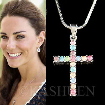 $41 • Buy Rainbow CROSS Made With Swarovski Crystal God Lord Jesus Christ Necklace Jewelry
