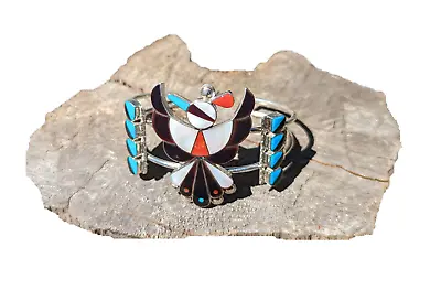 Zuni Bracelet Thunderbird Jet Mother Of Pearl Inlay Stones Jewelry Sz 6.5in • $299