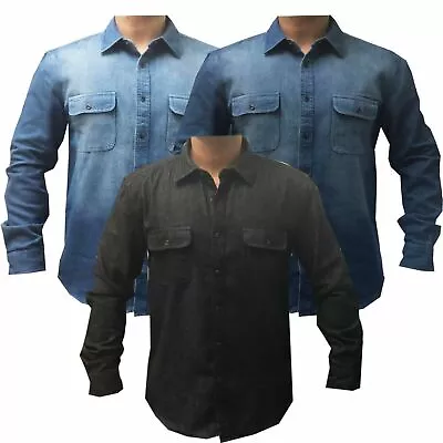 Mens Heavy Duty Denim Jeans Shirt Cotton Casual Top Flap Pocket Work Shirts New • £16.98