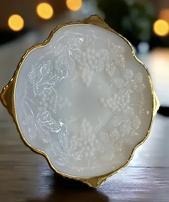 Vintage Anchor Hocking Milk Glass LowPedestal Bowl Gold Trim Grape Leaf Design • $16