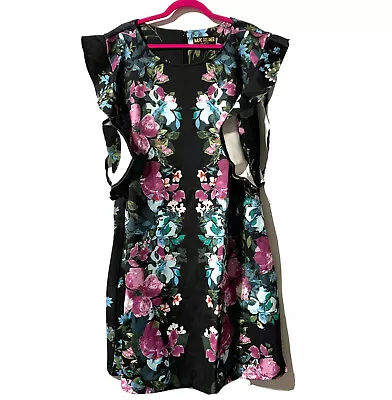 Marc Bouwer Scuba Dress Black Floral Knee Size 2X Ruffle Shoulder Sleeveless • $18.90