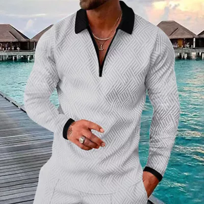 Mens Casual Zip Lapel V Neck Long Sleeve Business Shirts Autumn New T-Shirts Top • $29.99