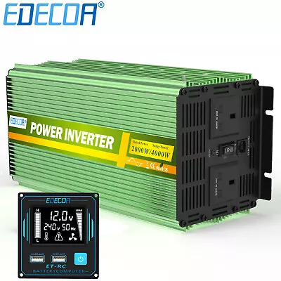 EDECOA Inverter PURE SINE Wave 12V To 240V Inverter 2000 WATT ET-RC Remote ECO • £214.99