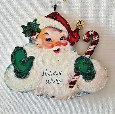 SANTA CLAUS W GREEN MITTENS CANDY CANE  * Glitter CHRISTMAS ORNAMENT * Vtg Img • $10.50