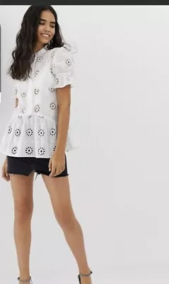 Miss Selfridge Top Broderie Eyelet White Cotton Small 2 Shirt Uk6 Eur34 • $29.99