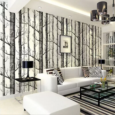 Black White Woods Wallpaper Roll Birch Tree Forest Wall Paper Living Room Decor • £9.95