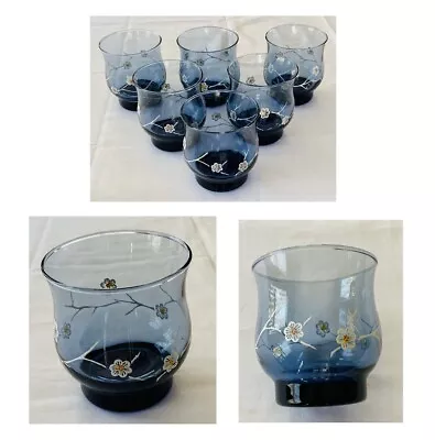 VINTAGE Libbey Whiskey Glasses 8 Oz. BLUE With WHITE FLOWERS 6-Piece Set • $38.88