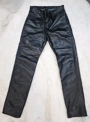 RARE Vintage Wrangler Black Leather Vinyl Pleather Wax Coded Denim Jeans 11x34 • $249