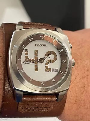 Fossil BG-1035 Analog And Digital Mens Watch Wide Brown  Leather Cuff Band A1 • $99