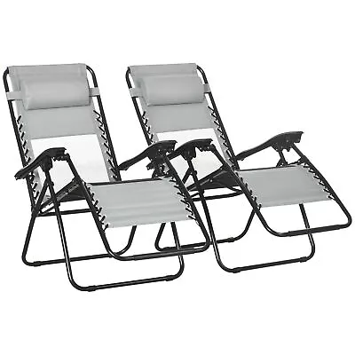 Outsunny Foldable Garden Recliner Chair Set Of 2 W/ Footstool & Headrest Grey • £68.99