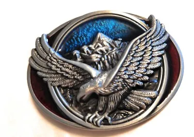 * Classic Soaring EAGLE AMERICAN BELT BUCKLE Silver Blue Maroon Full Metal USA • $13.50