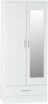 Nevada White Gloss 2 Door 1 Drawer Mirrored Wardrobe • £175.99