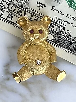 Vintage Estate 18K Gold TEDDY BEAR Diamond Brooch/Pin - 11.9g • $949.99