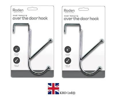 2 X STRONG OVER THE DOOR HOOKS Hangers Clothes Coat Rack Hook Hanger Chrome UK • £4.38