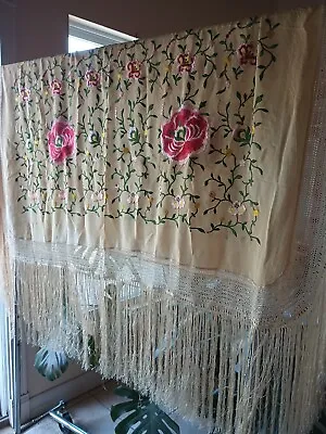 Vtg. Silk Roses Floral Piano Shawl  47x 50 18 Fringe Hand Embroidery  Victorian  • $175