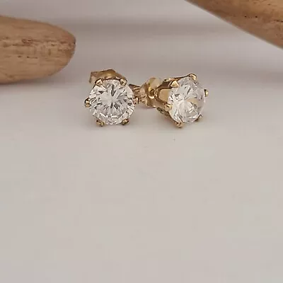 Vintage Zz Signed 14k Gold 1ct Each Clear Stone Stud Earrins 2tcw 1.4 Grams • $125