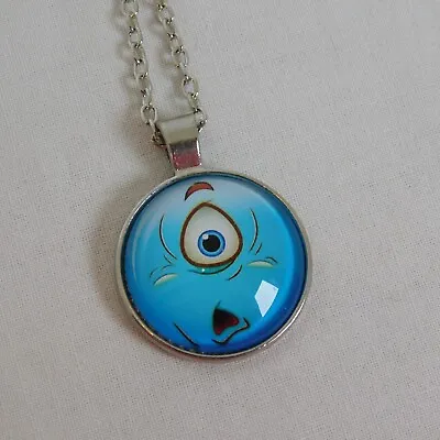 One Eyed Surprised Blue Monster Silver Tone Cabochon Pendant Chain Necklace Rd • $5