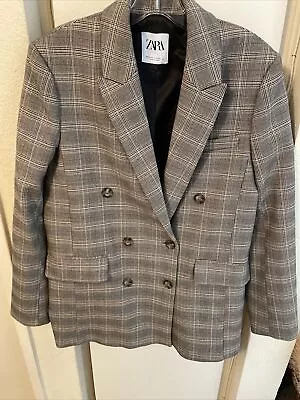 Zara Boyfriend Brown Plaid Double Breasted Blazer Sz Xs • £57.85