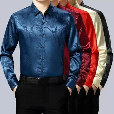 Men Faux Silk Satin Shirt Business Formal Long Sleeve Blouse Casual Top Chinese • £22.57