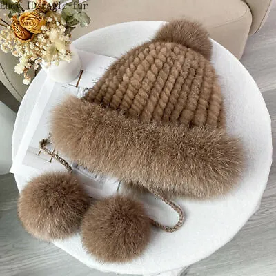 Women Real Mink Fur Hat Knitted Cap Pom Pom Fox Ball Beanies Ski Earflap Hat • $38