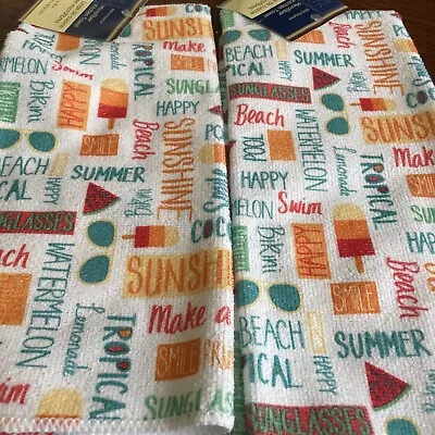 NWT~Two  Microfiber Coastal Kitchen Towels ~ Beach Swim  Tropical ~ 15” X 25” • $6.99