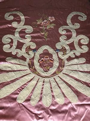 1920s 1930s Embroidered Appliqué Satin Coverlet Twin Flapper Boudoir Pink Velvet • $299