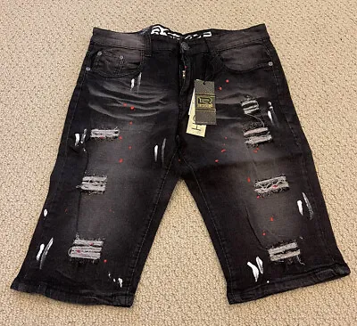 NWT Men’s LR Scoop Black Torn Stretch Denim Shorts W/ Paint Splatter ALL SIZES • $19.99