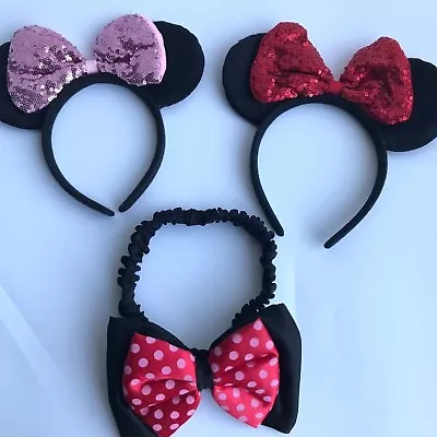 New Minnie Mickey Mouse Inspired Headband Hair Bow Pink Red Sequin Kids Adult • $1.47