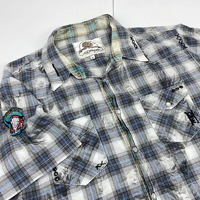 Ed Hardy Shirt Men XL Pearl Snap Sturgis Biker Studded Chain Stitch Logo Pocket • $25.75