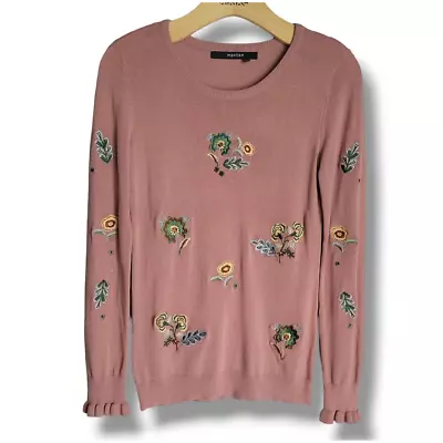 Monton Women's Rose Pink Floral Embroidery Long Sleeve Sweater  - Xs • $12.99