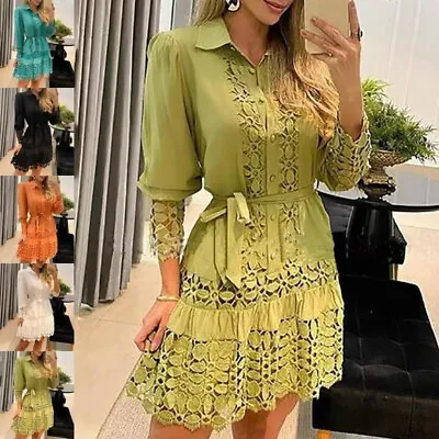 Women Mini Dress Long Sleeve Shirt Ladies V Neck OL Work Bohemian Plain Short • £19.99